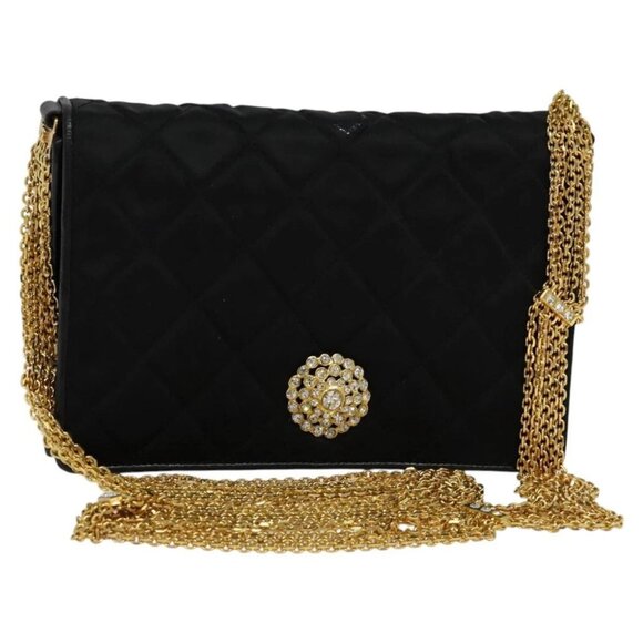 CHANEL Matelasse Chain Shoulder Bag Satin Black Gold CC Auth 113270AV - Picture 1 of 16